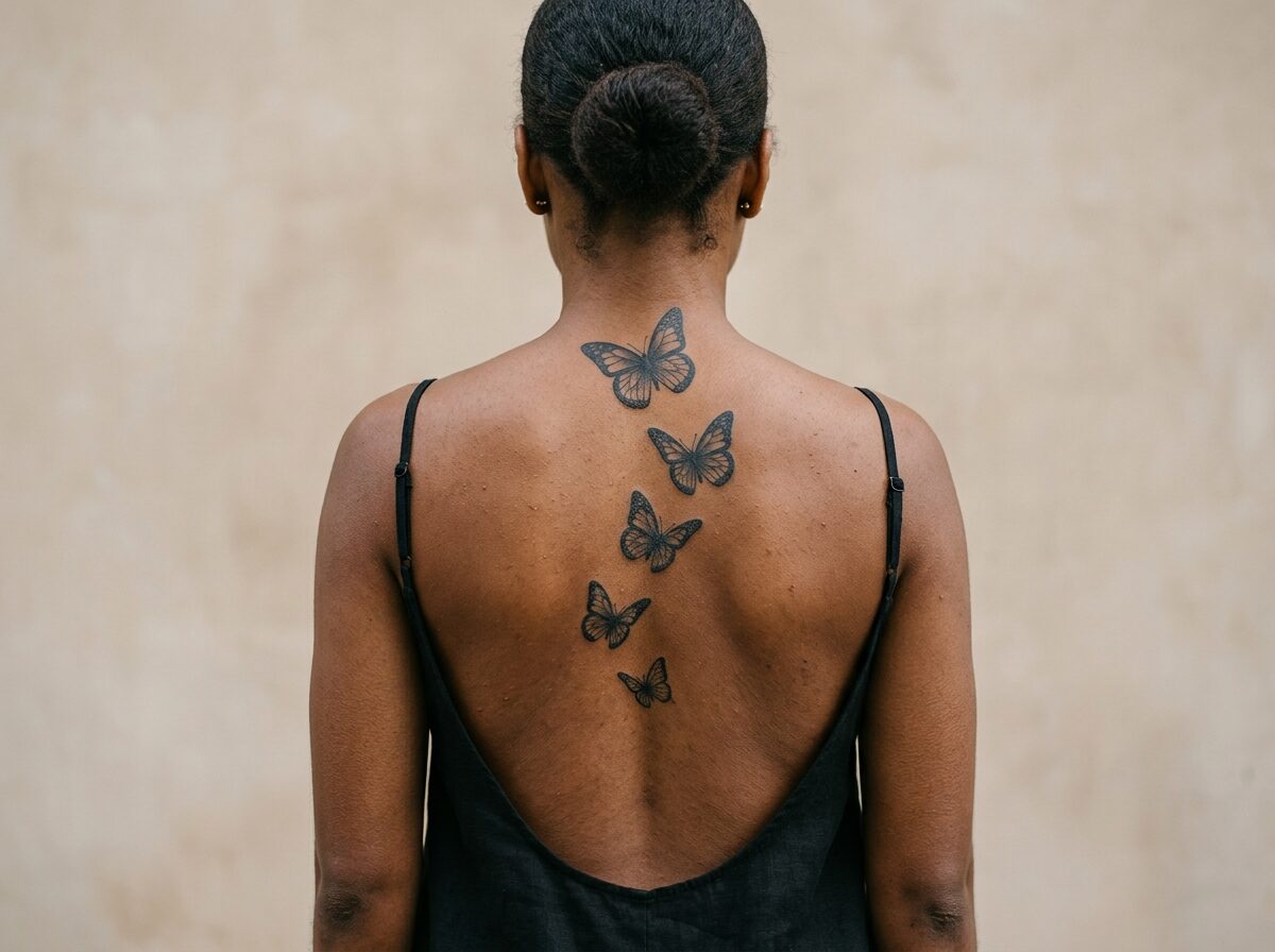 Butterflies flying up the spine tattoo