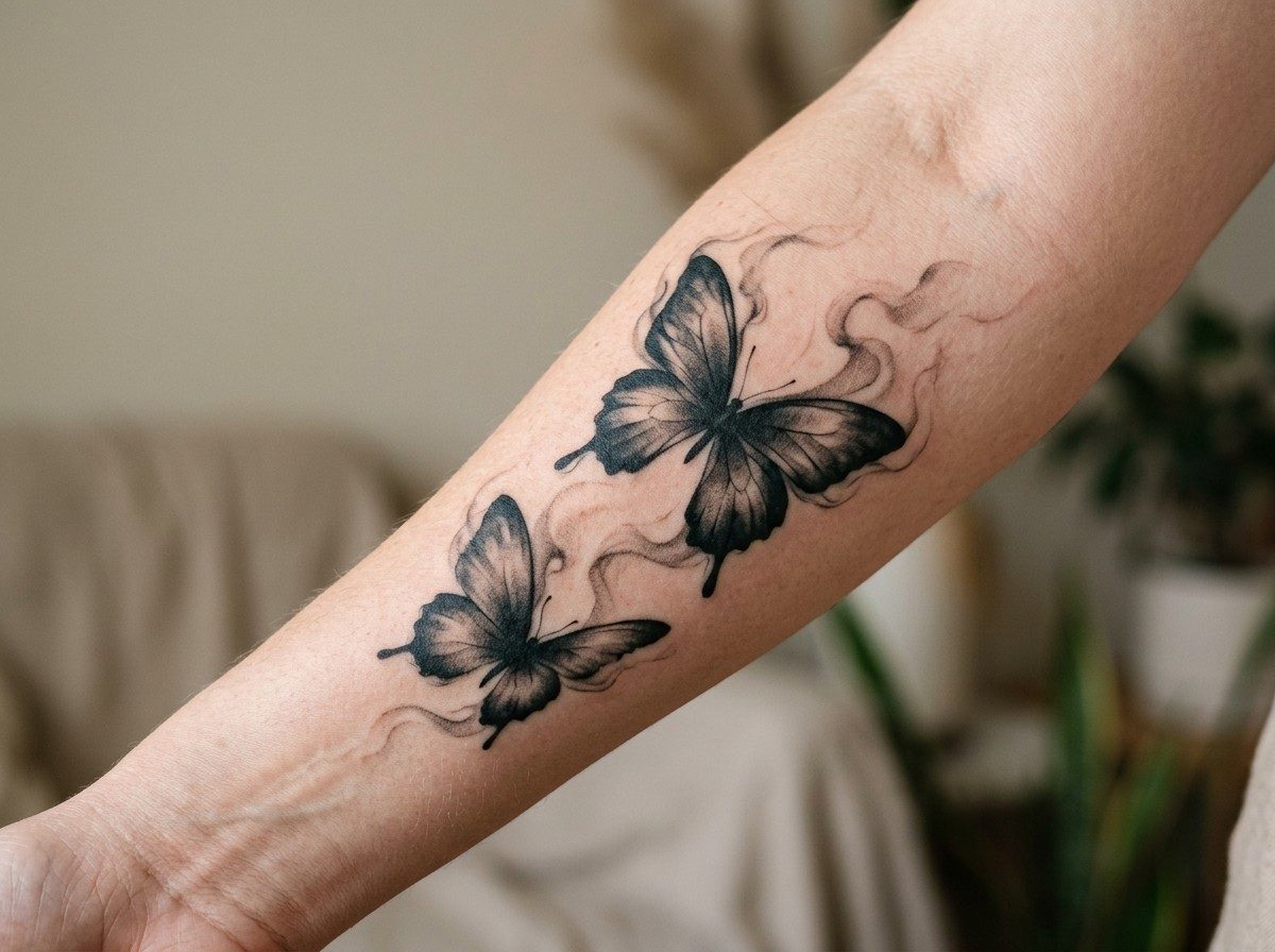 Butterfly arm tattoo: smoky black butterflies on the outer forearm