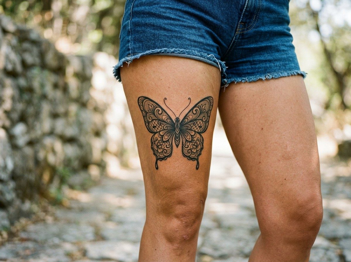 Butterfly arm tattoo: butterfly on the thigh on the upper thigh, the woman wearing denim shorts