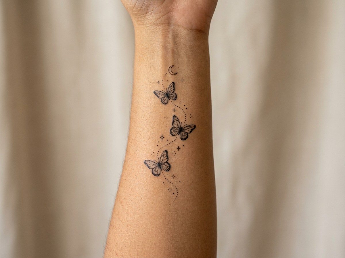 Butterfly arm tattoo: celestial butterfly trail on the inner forearm
