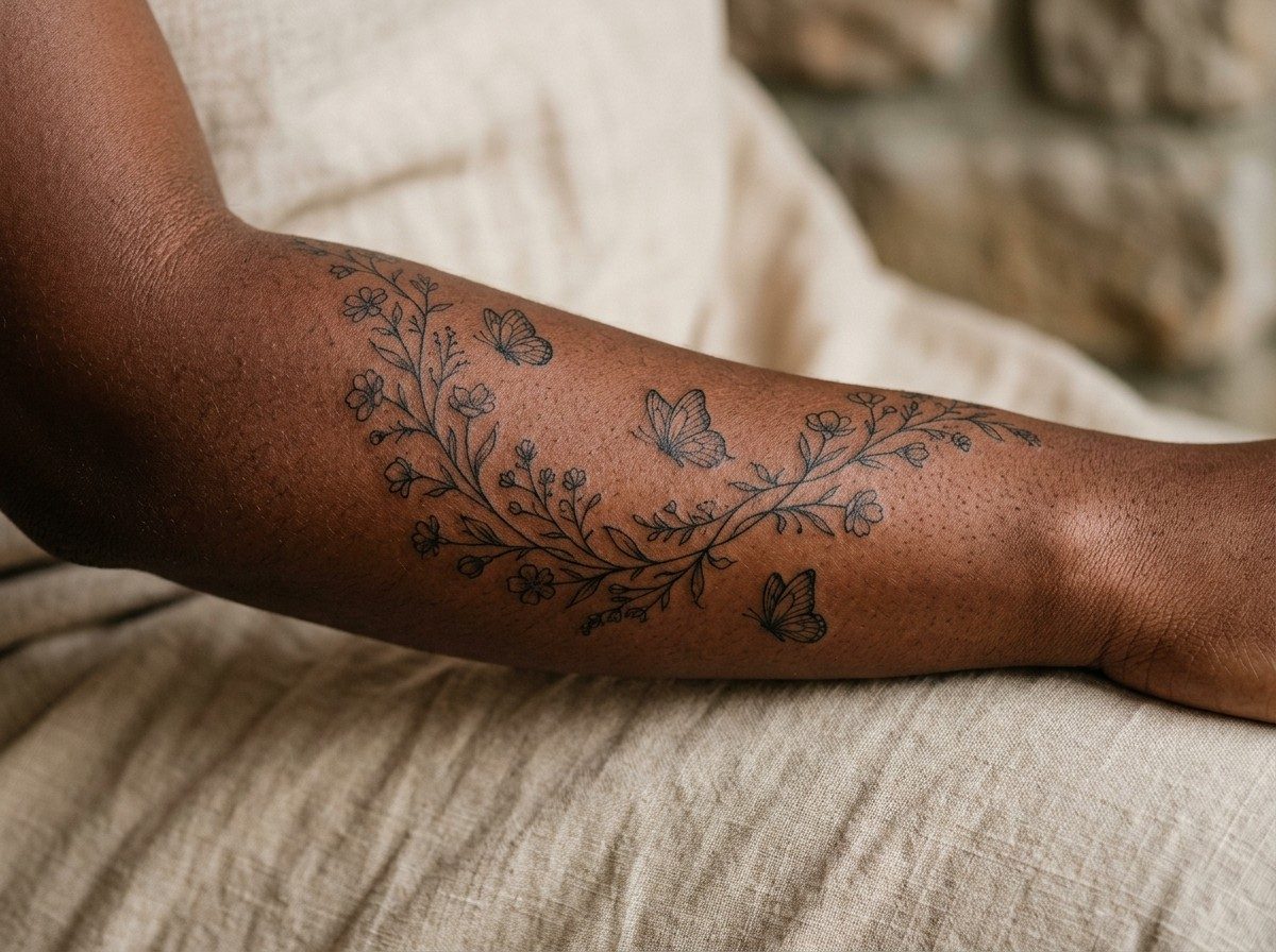 Butterfly arm tattoo: butterfly vine wrapping the arm on the forearm