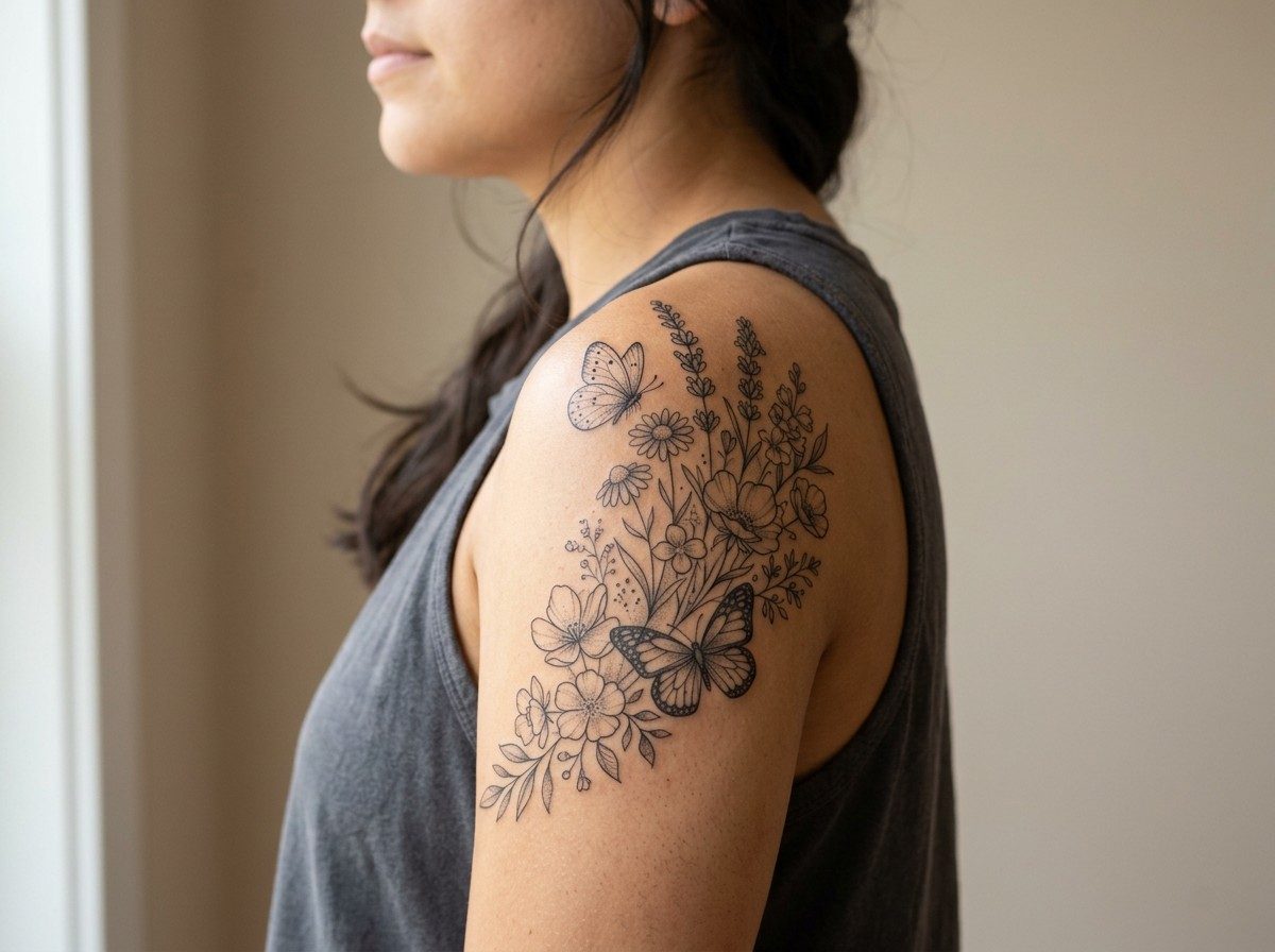Butterfly arm tattoo: butterfly and flowers on the shoulder on the shoulder