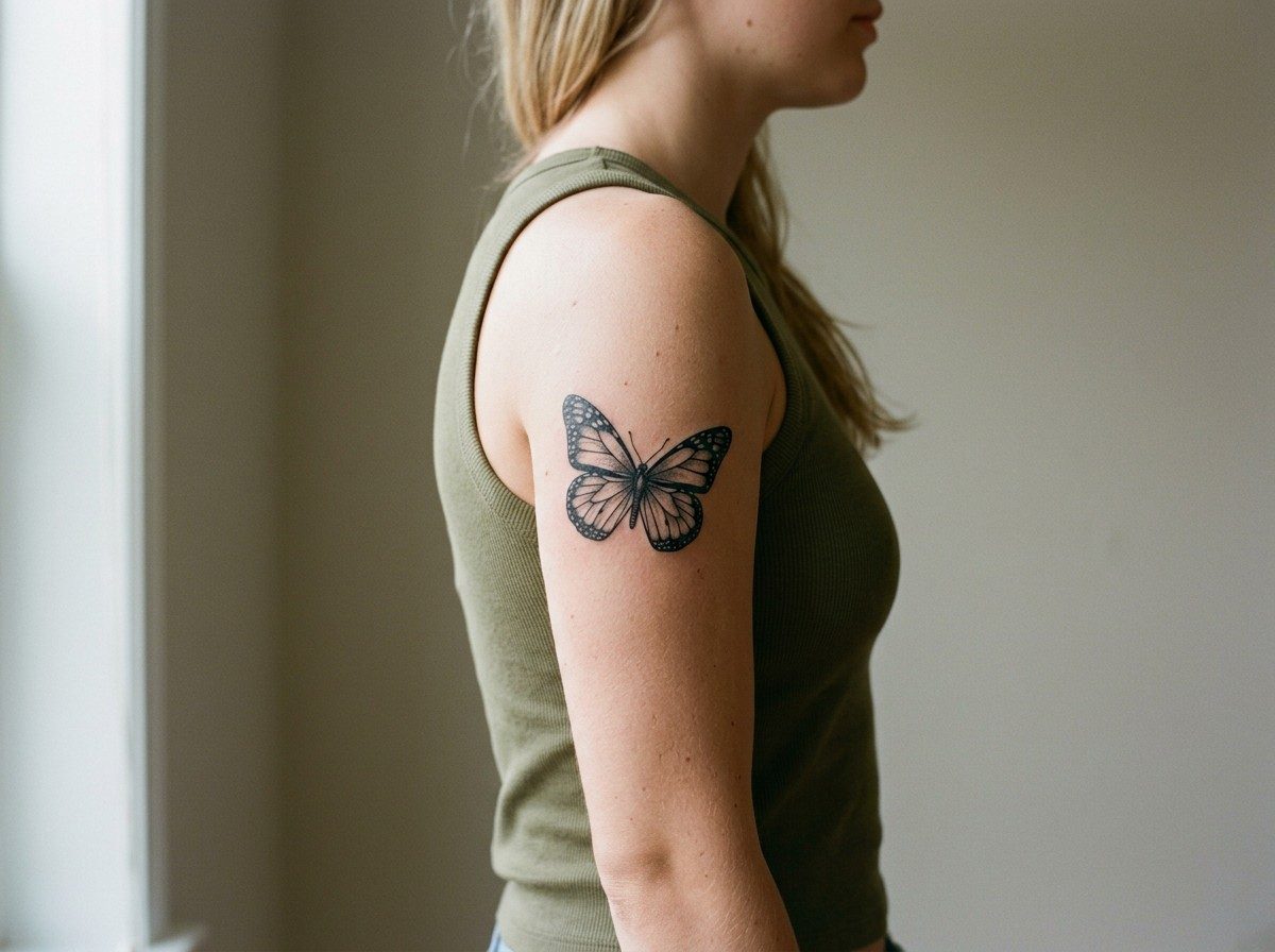 Butterfly arm tattoo: realistic black butterfly on the upper arm