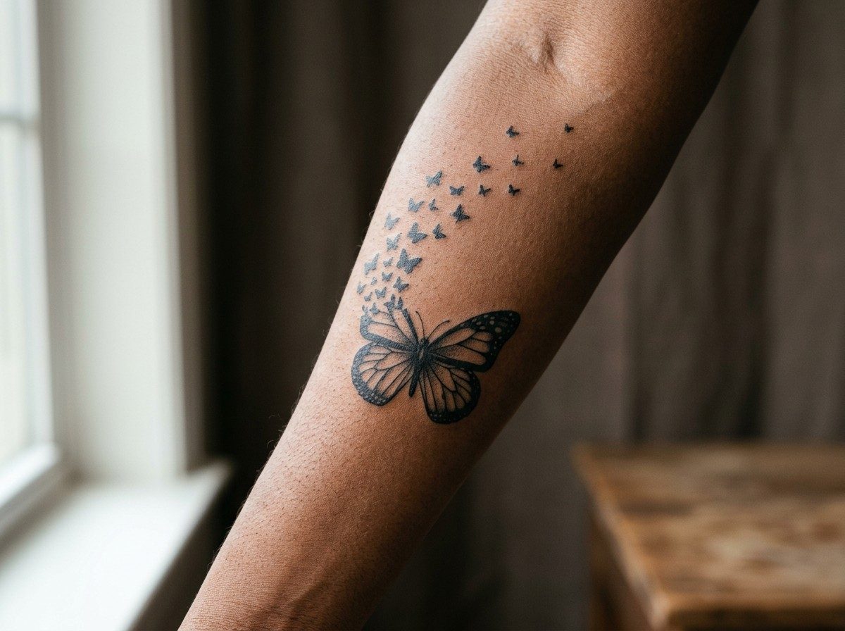 Butterfly arm tattoo: butterflies breaking free on the outer forearm
