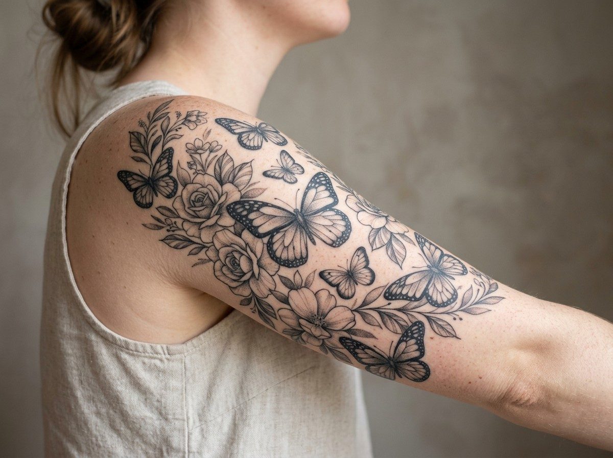 Butterfly arm tattoo: butterfly half sleeve on the upper arm