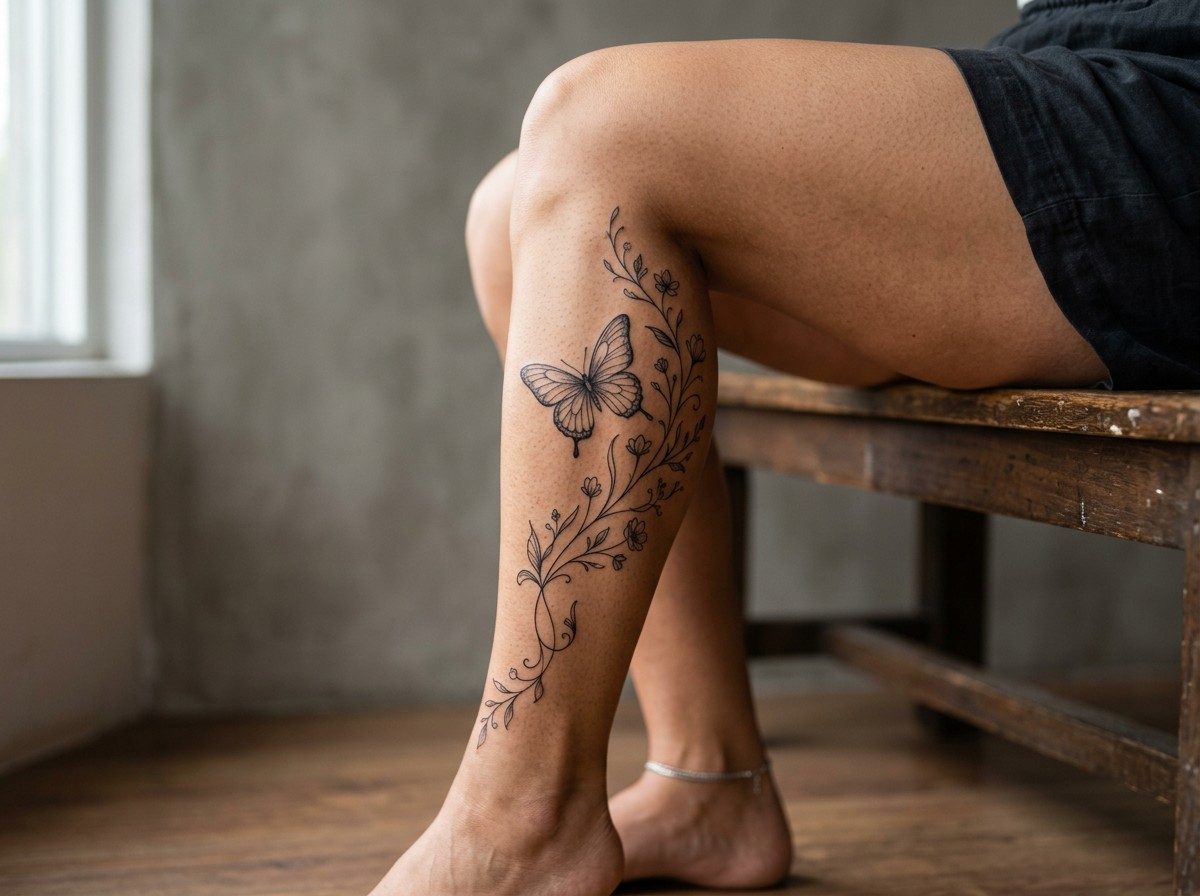 Butterfly arm tattoo: butterfly on the calf on the lower leg (human calf muscle)