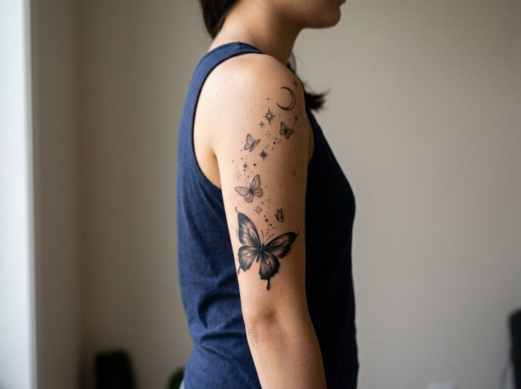 Butterfly arm tattoo: celestial butterfly trail on the upper arm