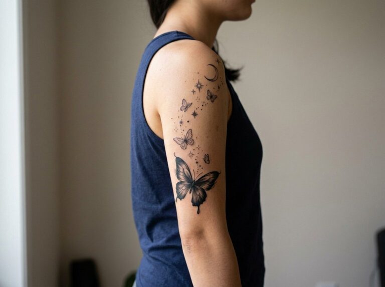 Butterfly arm tattoo: celestial butterfly trail on the upper arm