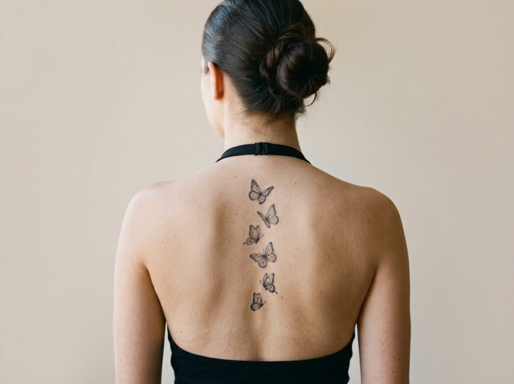Butterfly back tattoo ideas: fine line butterflies along the spine
