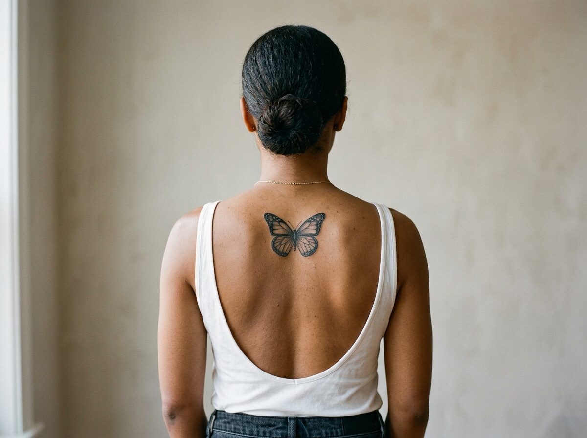 Butterfly tattoo between the shoulder blades
