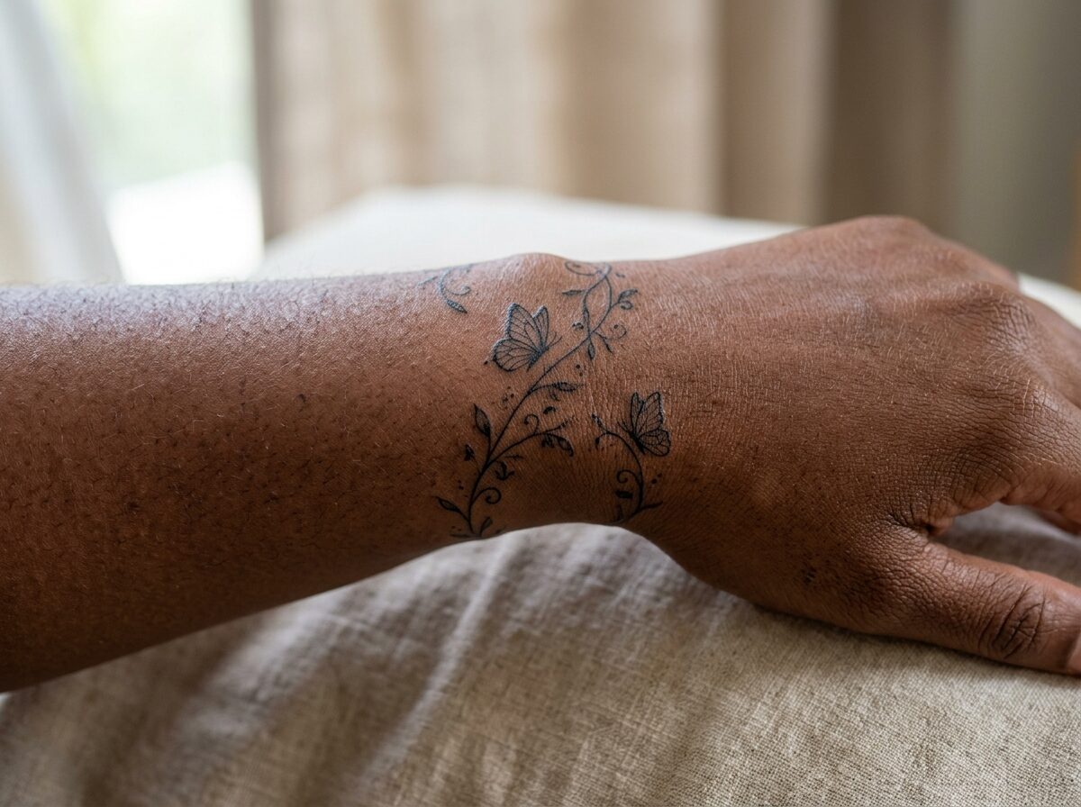 Butterfly bracelet tattoo wrapping around the wrist