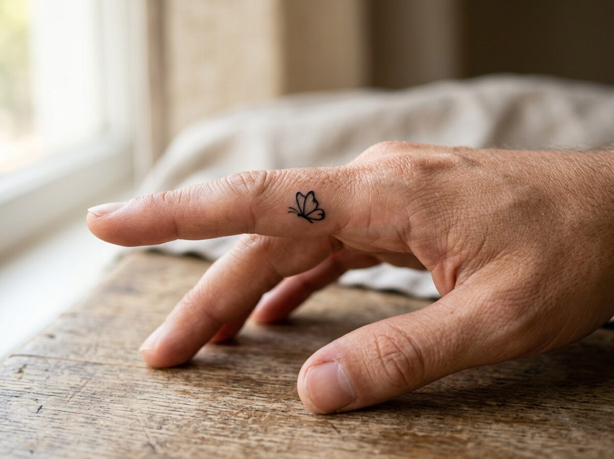 Butterfly finger tattoo on the side of the index finger