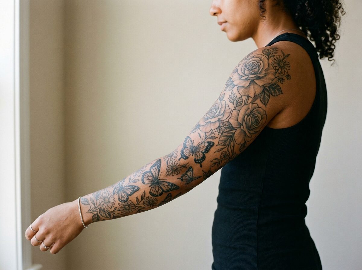 Butterfly and flower sleeve tattoo for women