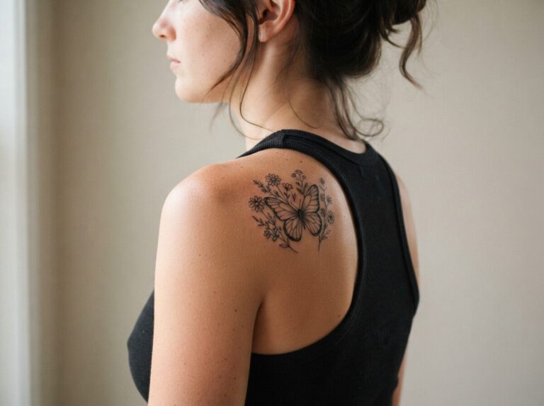 Butterfly flower tattoo with fine line flowers on the shoulder