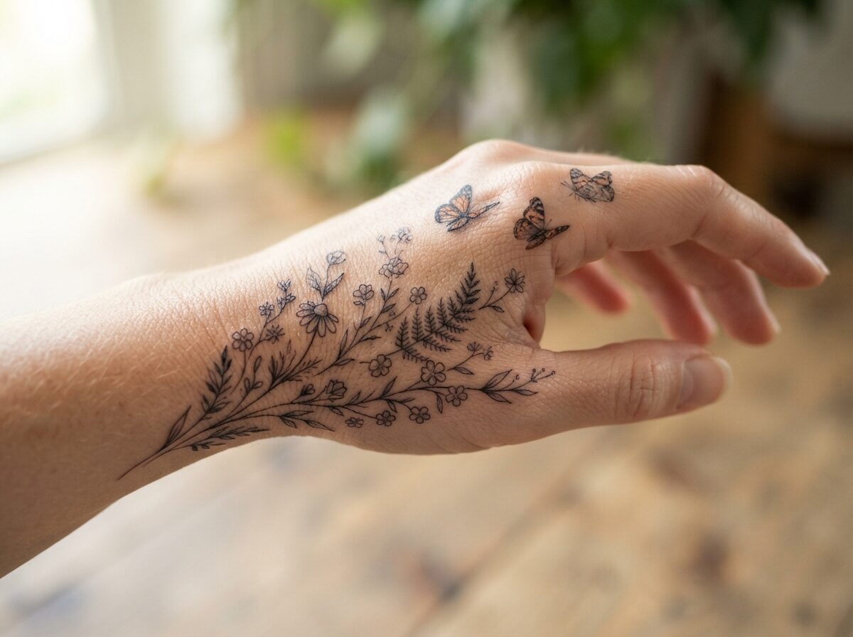 Butterfly and flowers tattoo flowing from the hand to the wrist