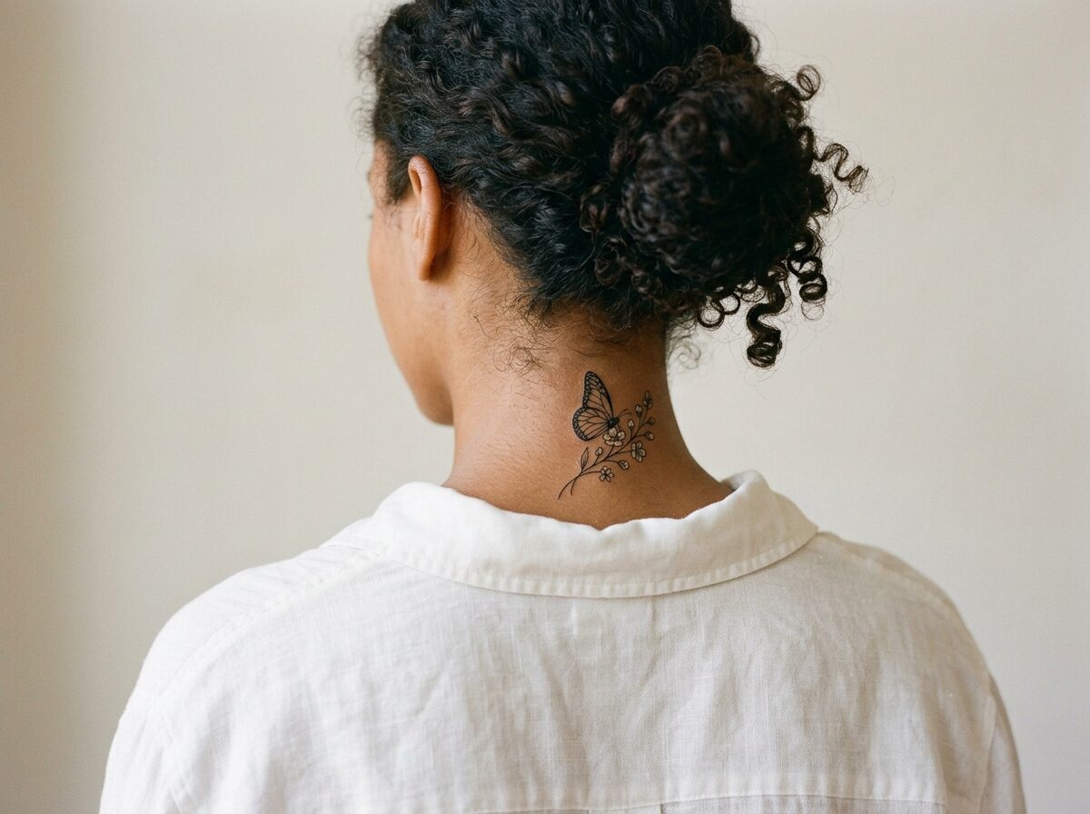 Butterfly and flowers tattoo on the back of the neck