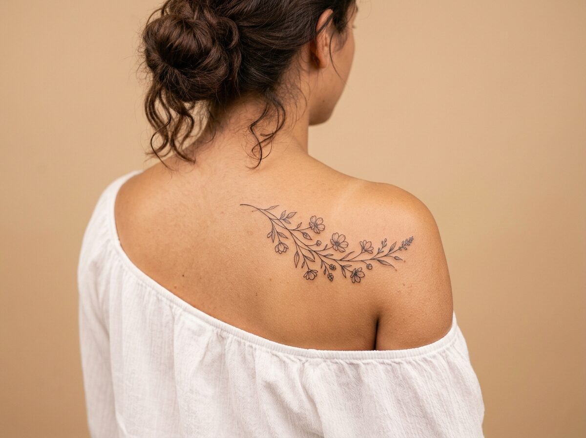 Butterfly and flowers tattoo across the shoulder blade
