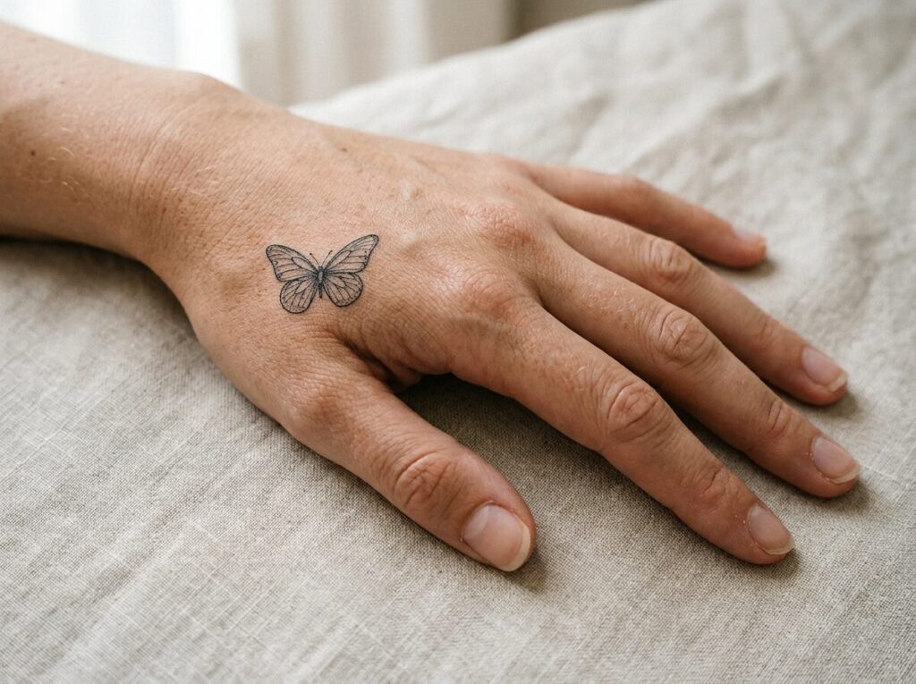Butterfly hand tattoo ideas: fine line butterfly on the back of the hand
