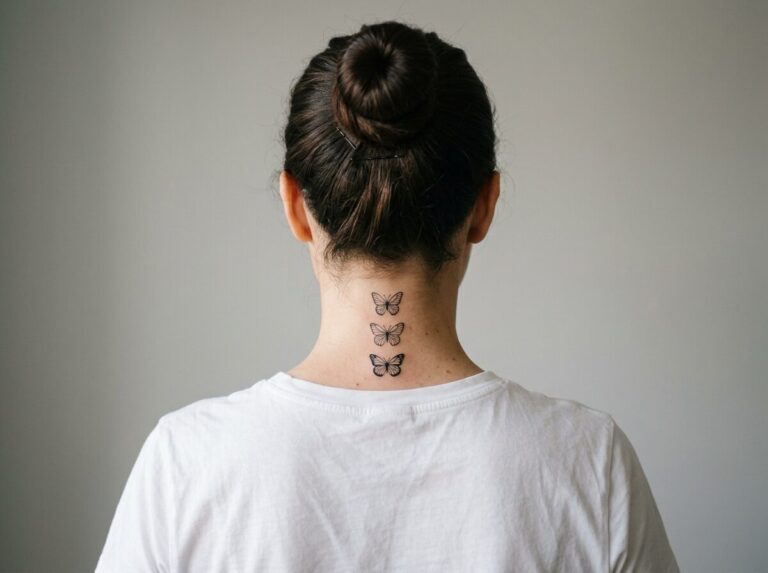 Butterfly neck tattoo ideas: fine line butterflies on the back of the neck