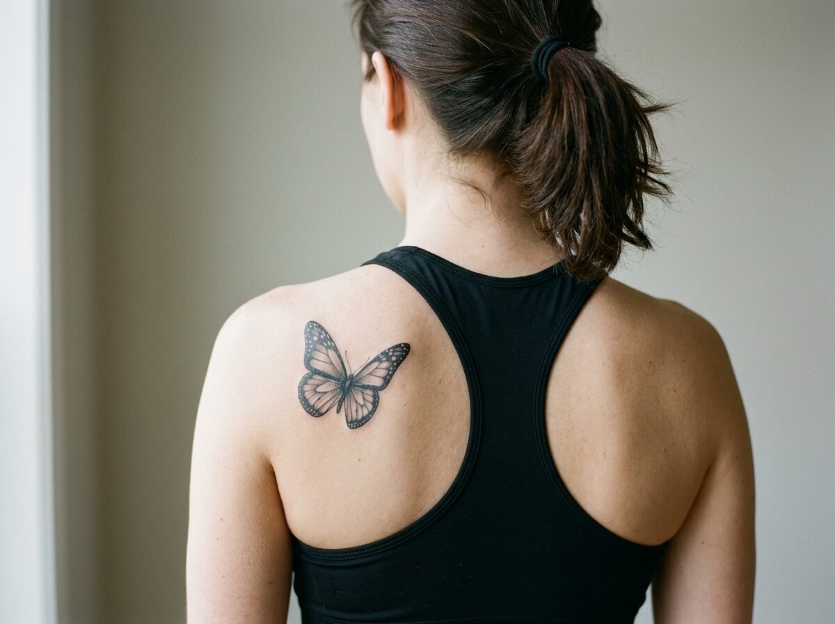 Butterfly tattoo on the shoulder blade
