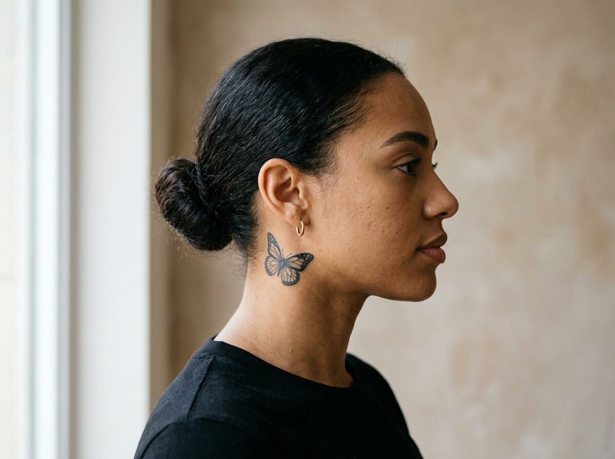Butterfly tattoo on the side of the neck below the ear