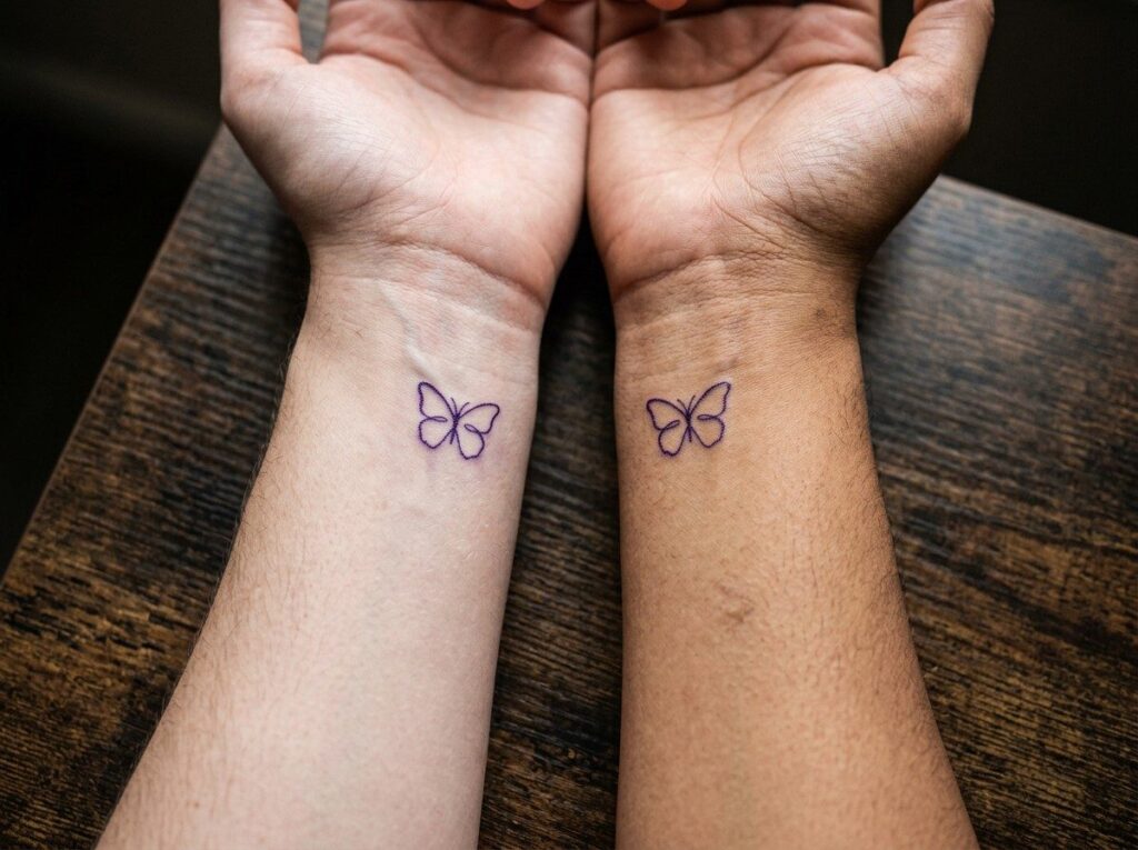 Two matching small butterflies, one on each wrist stencil on the inner wrists of two friends