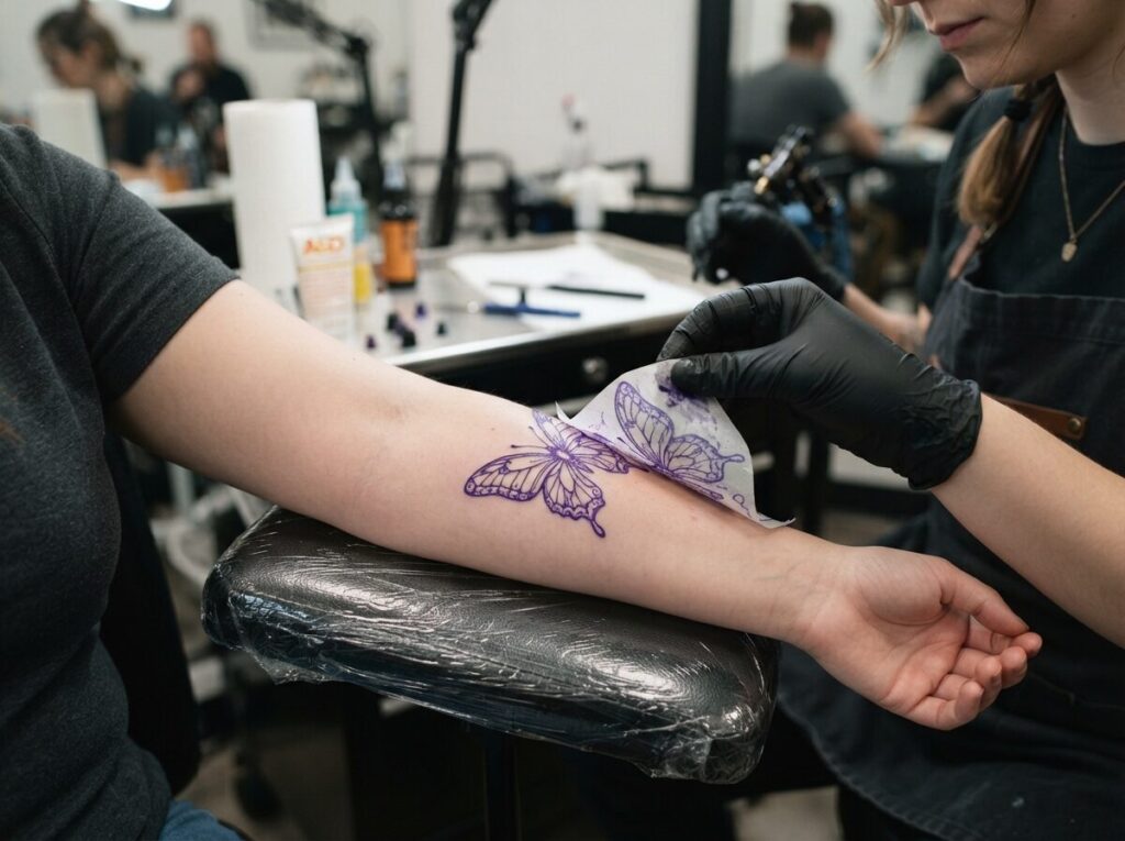 Butterfly tattoo stencil: artist peeling a butterfly stencil transfer on a forearm