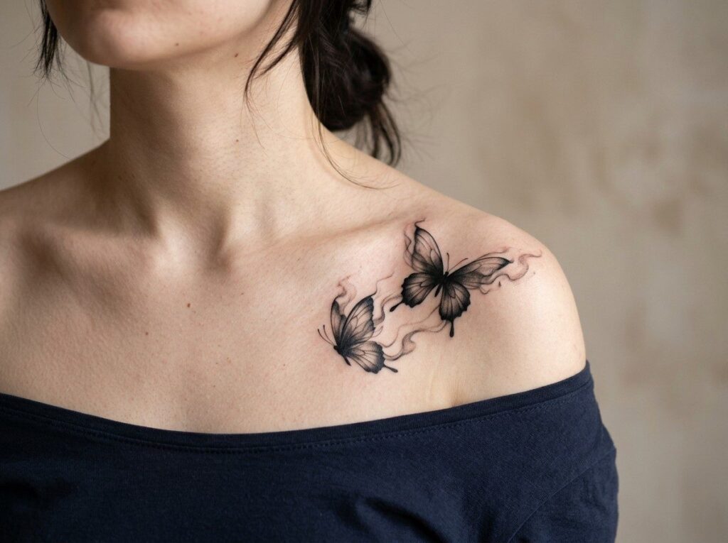 Butterfly tattoos for women: smoky black butterflies on the collarbone