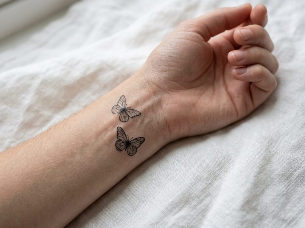 Butterfly wrist tattoo ideas: fine line butterflies on the inner wrist