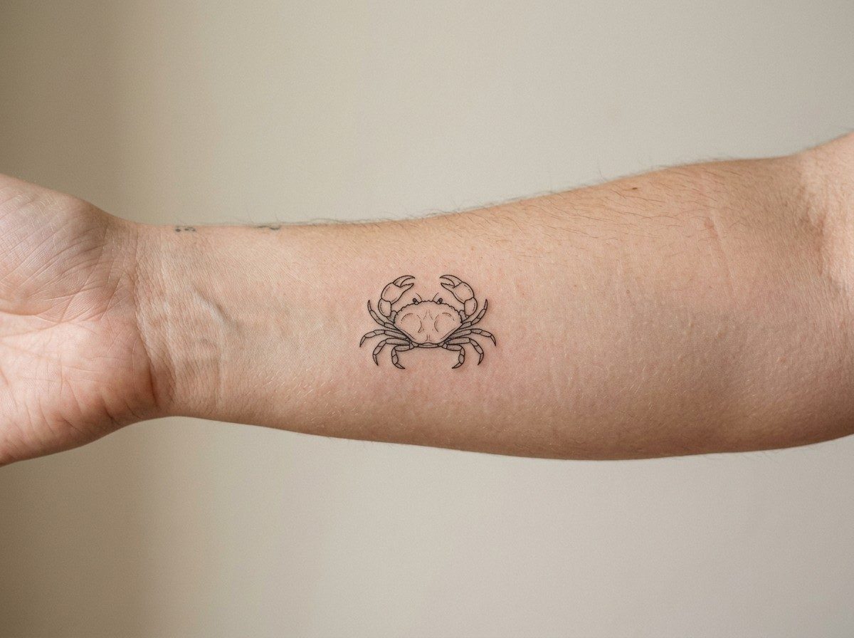 Cancer zodiac tattoo: fine line crab on the inner forearm