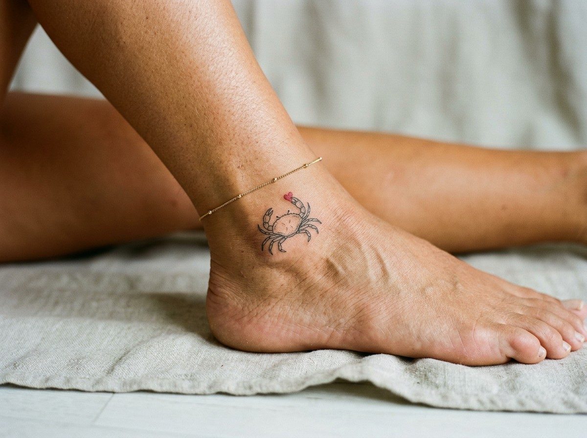 Cancer zodiac tattoo: crab holding a heart on the ankle