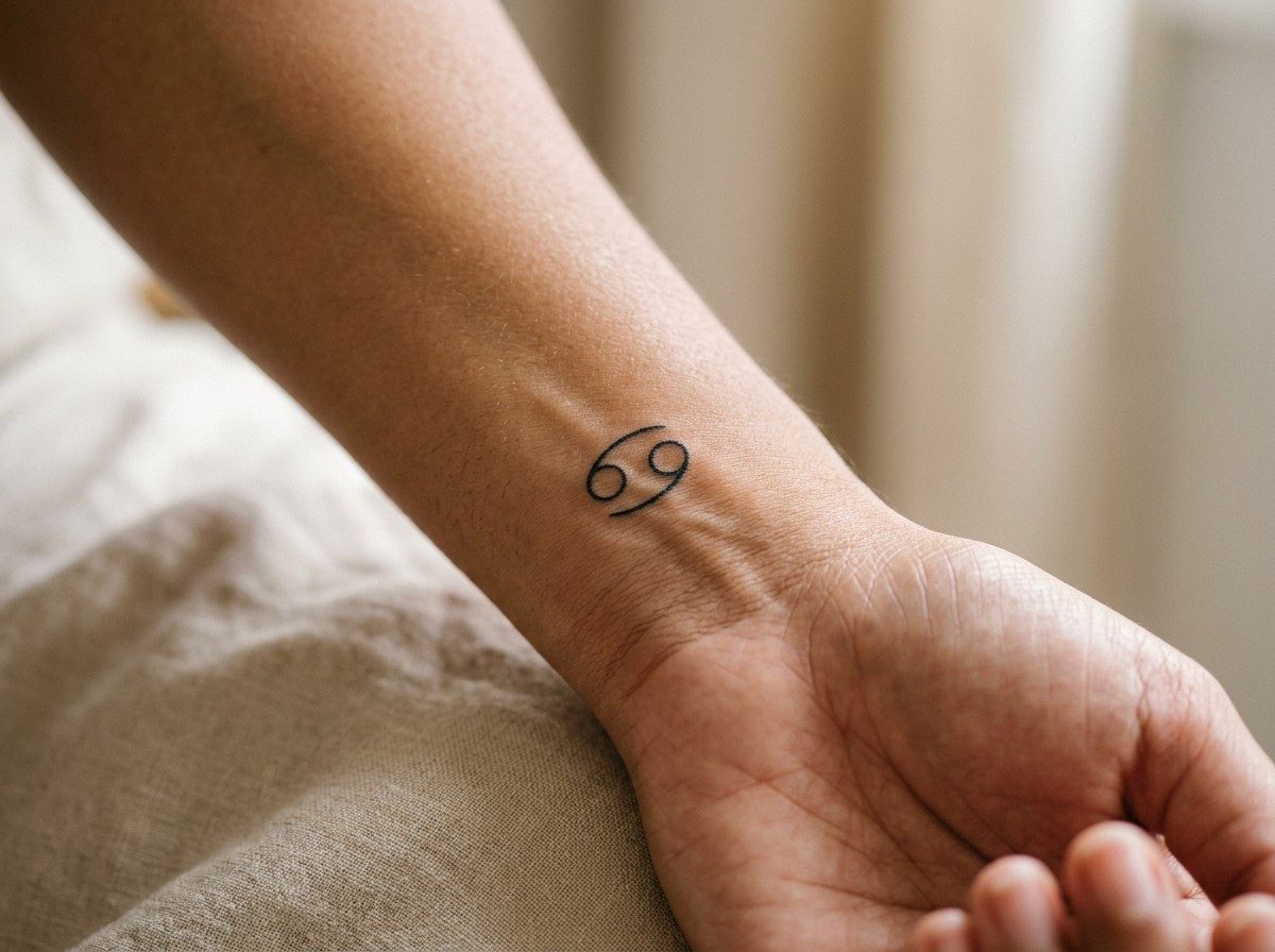 Cancer zodiac tattoo: cancer glyph on the inner wrist