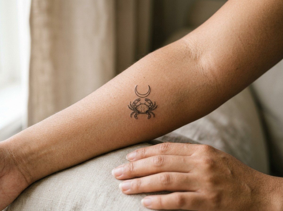 Cancer zodiac tattoo: crab and crescent moon on the forearm
