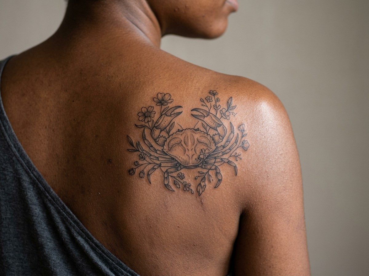 Cancer zodiac tattoo: floral crab on the shoulder blade