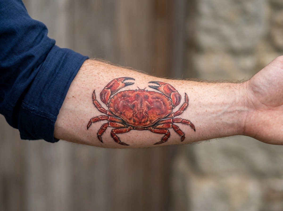 Cancer zodiac tattoo: realistic crab on the outer forearm