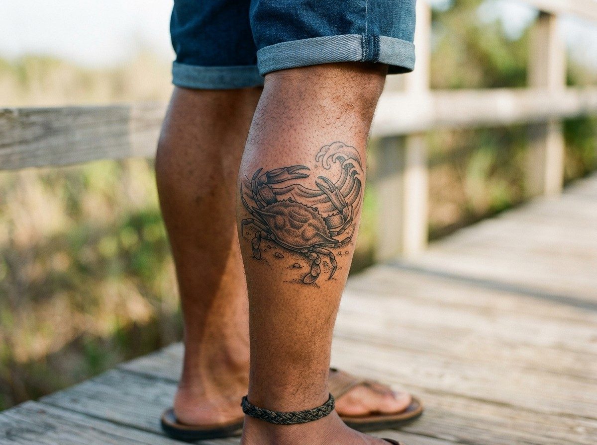 Cancer zodiac tattoo: crab and waves on the lower leg (human calf muscle)