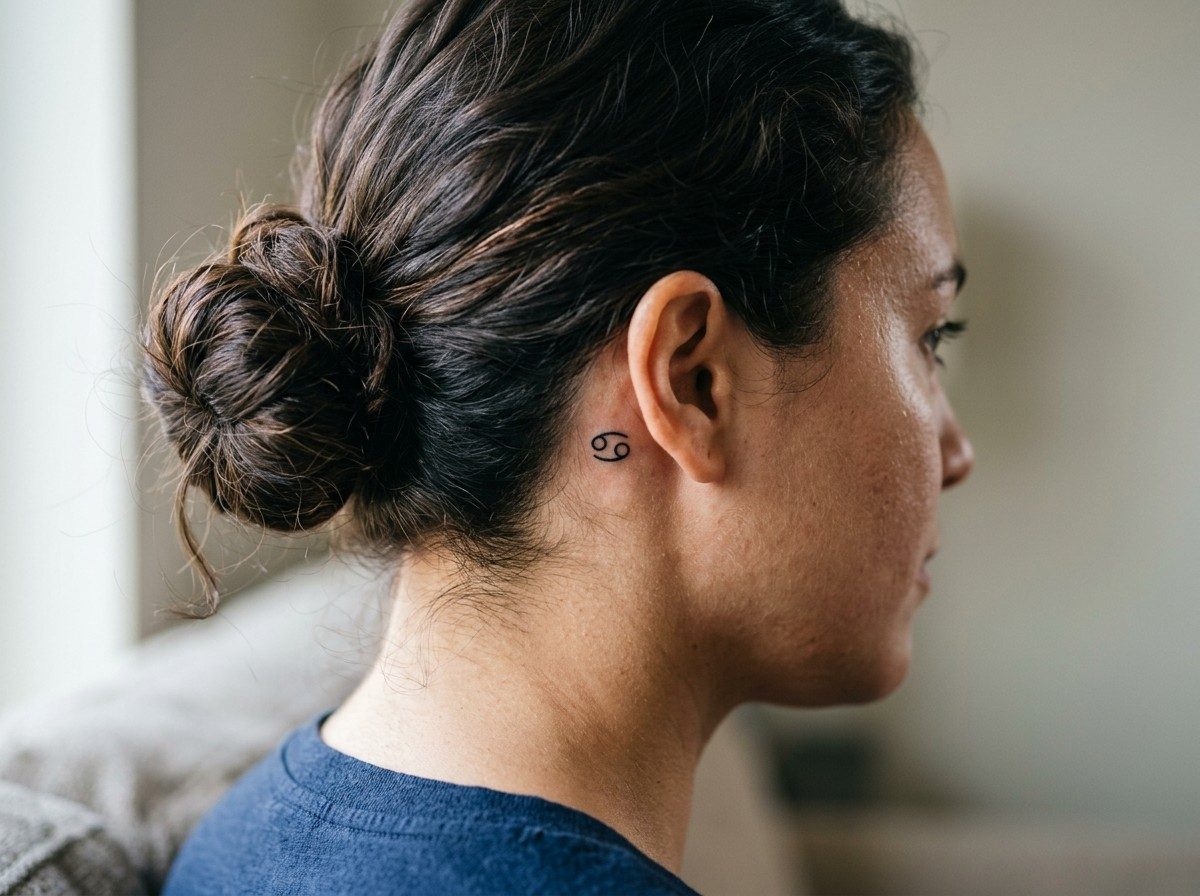 Cancer zodiac tattoo: tiny glyph behind the ear
