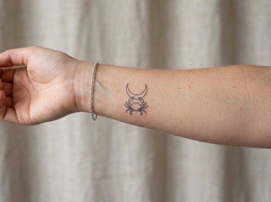 Cancer zodiac tattoo: fine line crab with crescent moon on the inner forearm