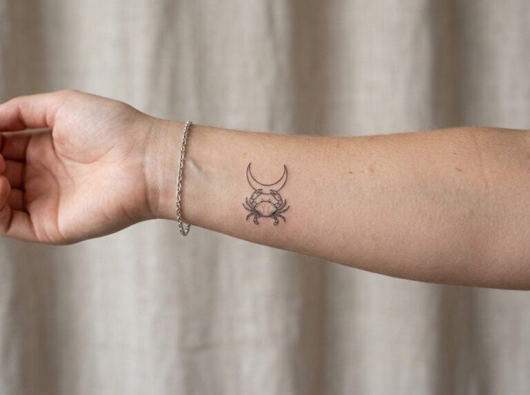 Cancer zodiac tattoo: fine line crab with crescent moon on the inner forearm