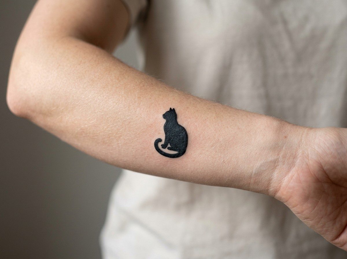 Cat tattoo: black cat on the inner forearm