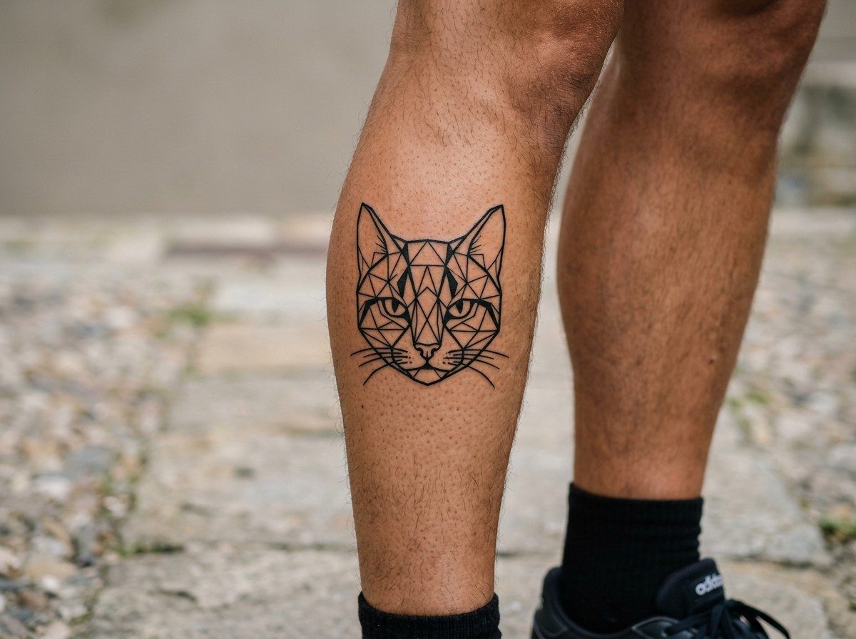Cat tattoo: geometric cat on the lower leg (human calf muscle)
