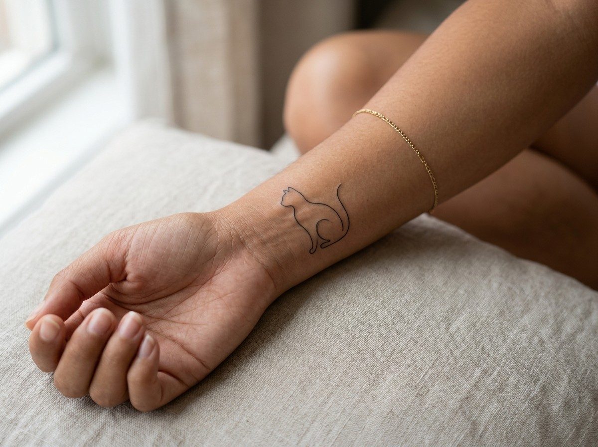 Cat tattoo: one line cat on the inner wrist