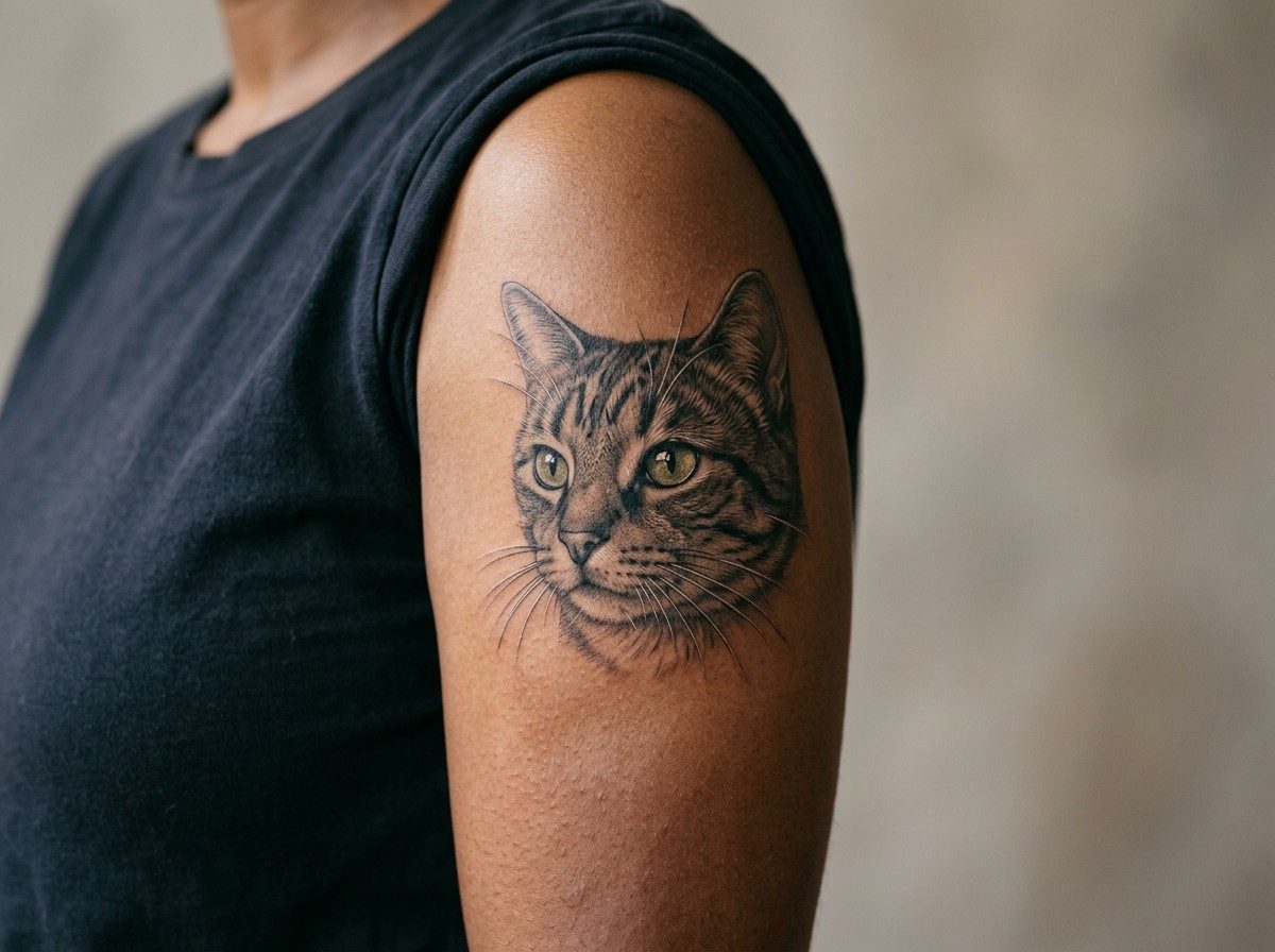 Cat tattoo: cat portrait on the upper arm