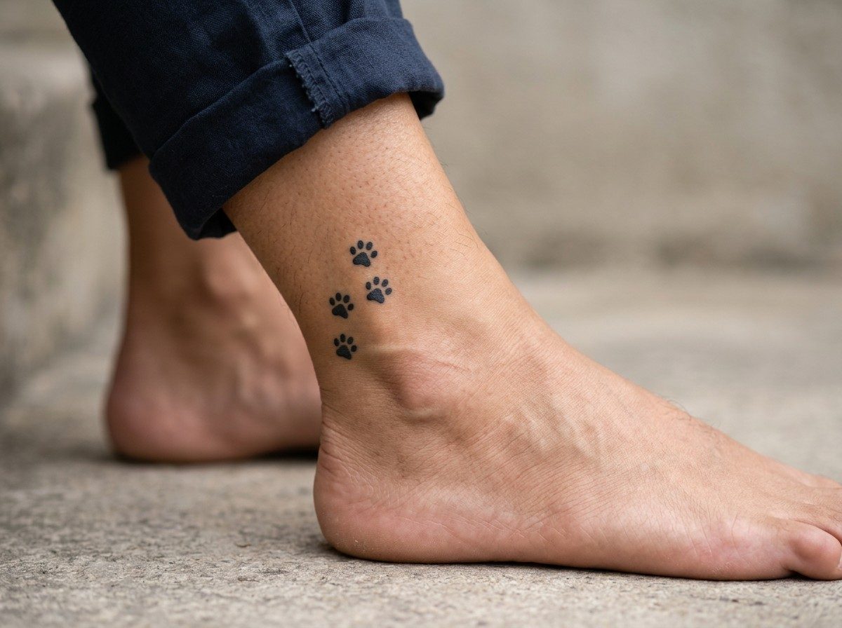 Cat tattoo: memorial paw prints on the ankle