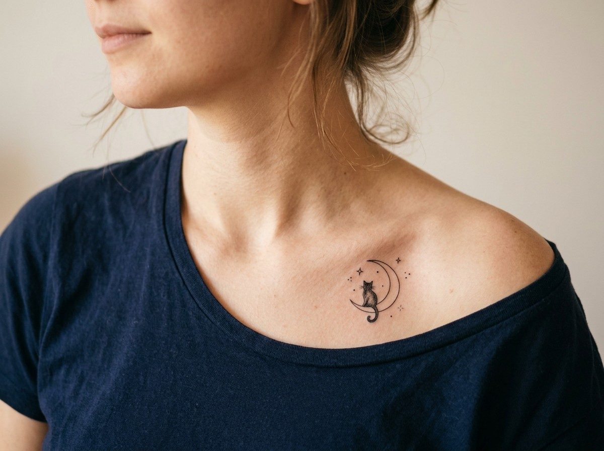 Cat tattoo: cat and moon on the collarbone