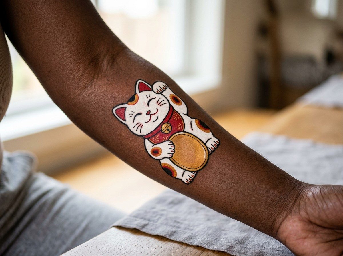 Cat tattoo: lucky cat on the outer forearm
