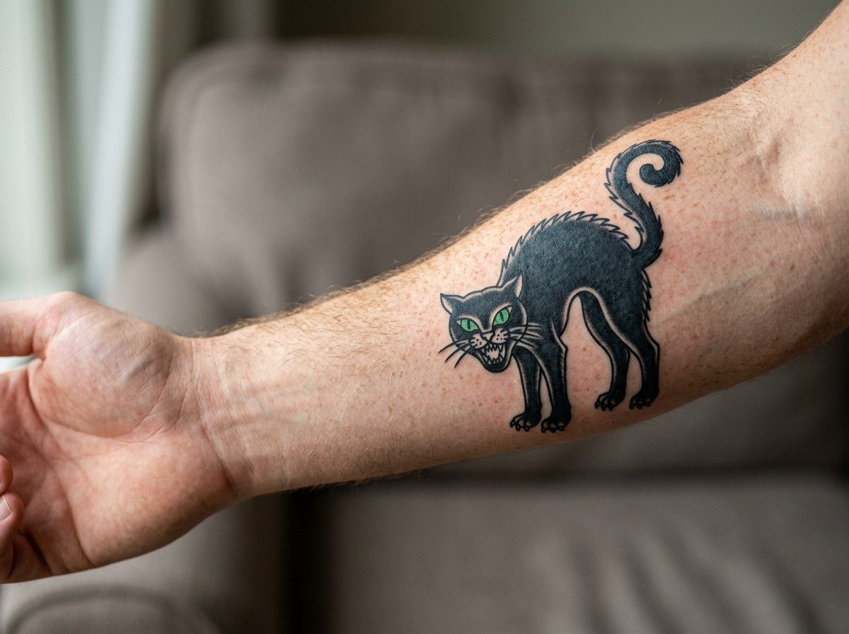 Cat tattoo: traditional cat on the forearm