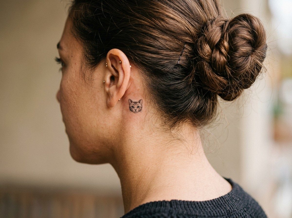 Cat tattoo: cat ears and tail behind the ear