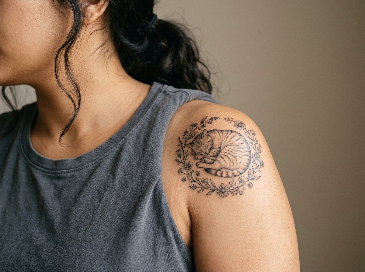 Cat tattoo: cat with flowers on the shoulder