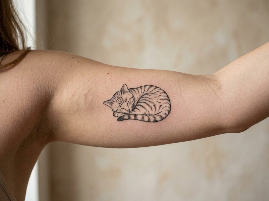Cat tattoo: small black cat on the inner forearm